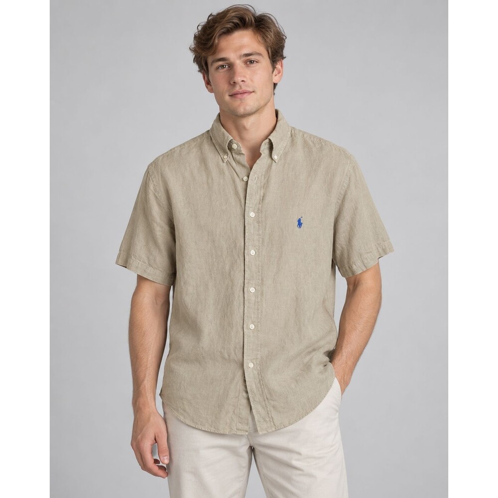 Ralph Lauren Men's Khaki Short Sleeve Button Down Shirt M Classic Fit Preppy Tan